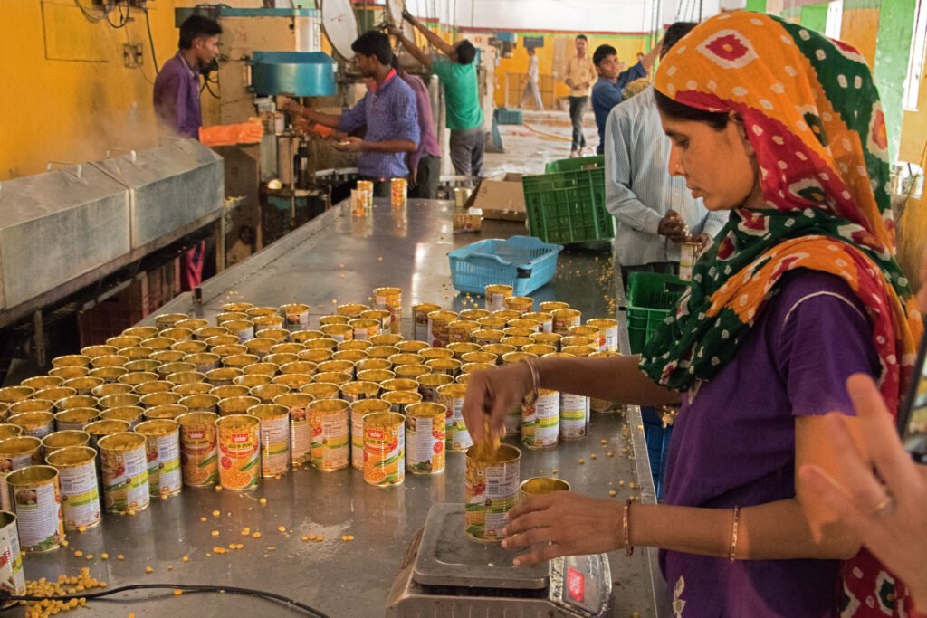 Worker weighing cans as she fills them with corn at Pratibha Foods Processing unit in Sonipat District, Haryana, India. : IFPRI/Flickr