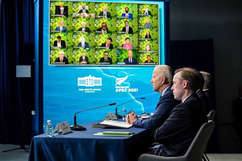 The United States, pictured speaking with Pacific leaders at APEC 2021, are one of the key external actors shaping geopolitical change. : The White House, Wikimedia Commons CC BY 4.0