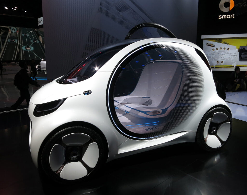How driverless cars interact with pedestrians will be key to to ensuring their safe adoption in future robotic cities. : ‘Smart Car’ by Ron of the Desert available at https://bit.ly/3fdoshX CC BY-ND 2.0
