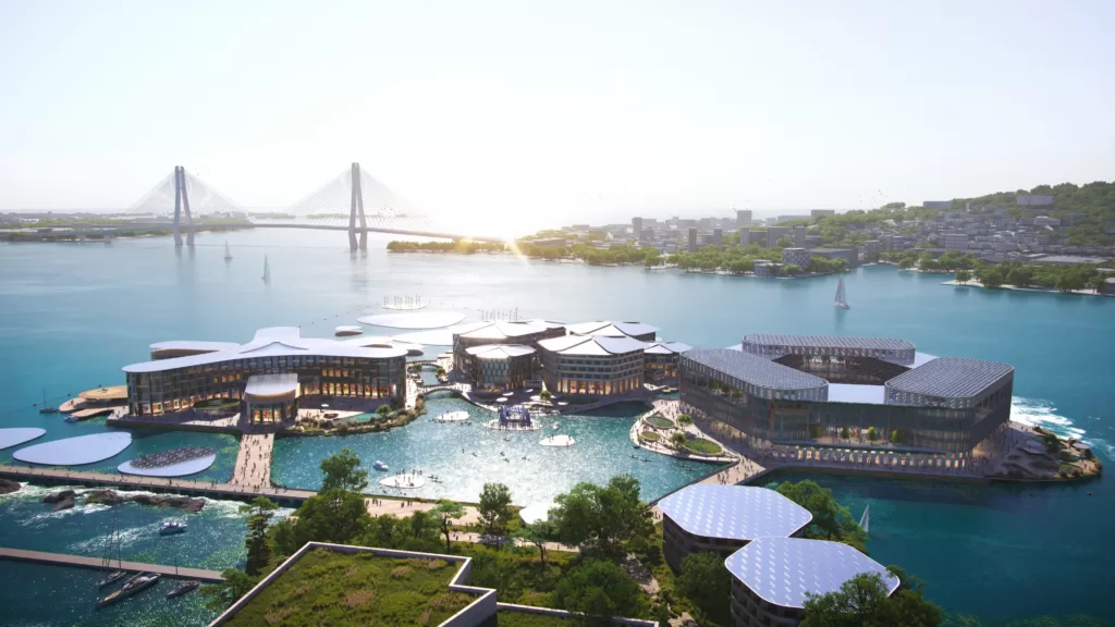 An artist’s impression of what the Oceanix Busan prototype being built in South Korea would look like. : OCEANIX/BIG-Bjarke Ingels Group Media are permitted to reproduce this image with attribution: https://oceanix.com/media/