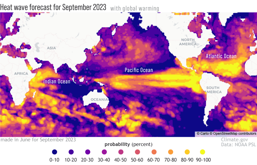 The National Oceanic and Atmospheric Administration’s heatwave forecast for September 2023 illustrates how much worse marine heatwaves are due to global warming. : NOAA Climate.gov https://www.climate.gov/faqs