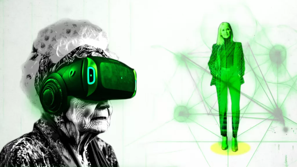 Are older people ready to accept intelligent virtual human companions moving in? : Illustration: Michael Joiner, 360info Images: Olga Zabegina, Theo Eilertsen & Joshua Sortino via Unsplash CC BY 4.0