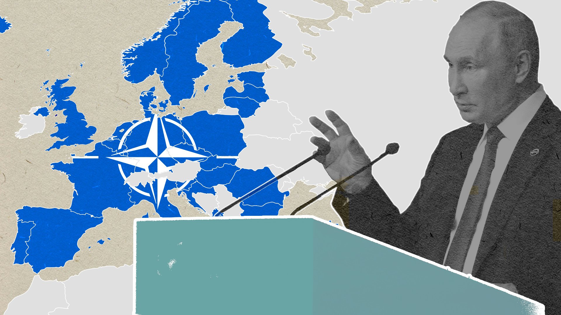 NATO turns 75 at an important juncture in its history. : Illustration by Michael Joiner 360info, image via Kremlin.ru, CC BY 4.0 via Wikimedia Commons CC BY 4.0