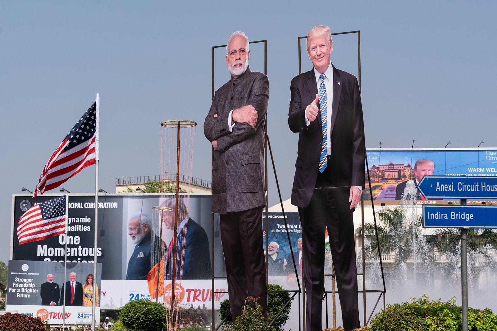 Large cut-outs of former US President Donald J. Trump and Indian Prime Minister Narendra Modi erected for the “Namaste Trump” event in Ahmedabad, India, in 2020. : Official White House Photo by Andrea Hanks Public Domian 1.0 Universal