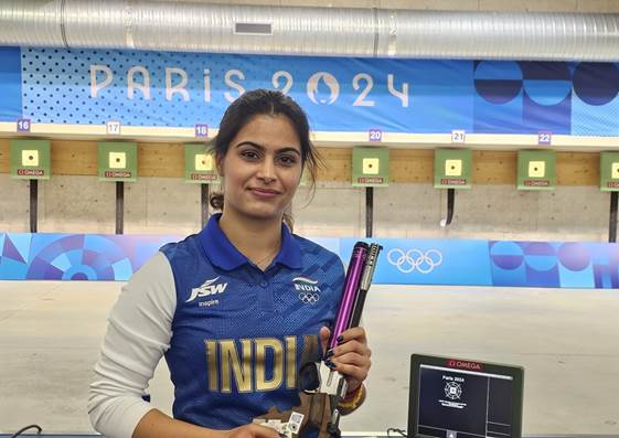 Manu Bhaker won bronze medals in the women’s and mixed 10m air pistol event at the Paris Olympics. : Press Information Bureau (Government of India) Government Open Data License – India (GODL).