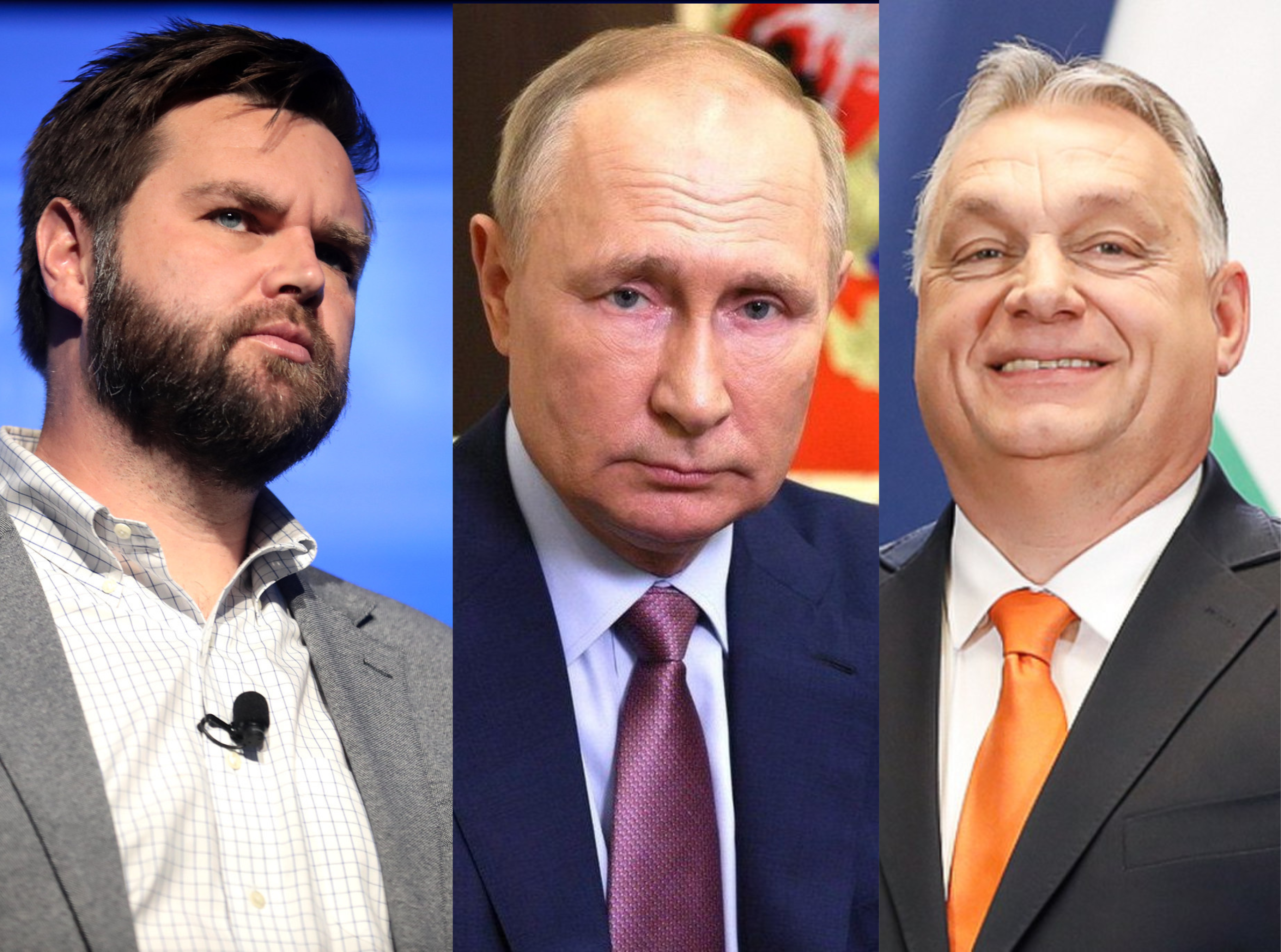 Pronatalists such as JD Vance, Vladimir Putin and Viktor Orban see nationalism, motherhood and patriarchy as inextricably linked. To them, women are constructed as primarily bearers of the nation and carriers of national identity. It is both their responsibility and sacred duty to reproduce. : Images, L-R: Gage Skidmore, Flickr; Press service of the President of the Russian Federation, Wiki Commons; Alan Santos/PR, Wiki Commons. Free to use